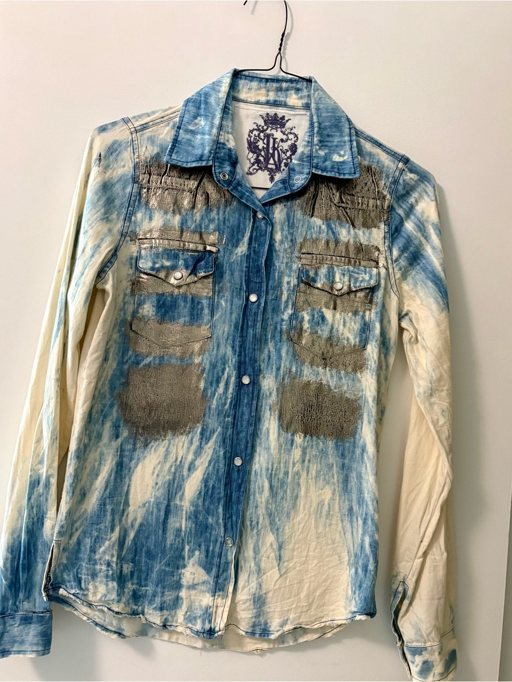 Ladies Bleached New Denim Shirt with Metallic Foil Size M